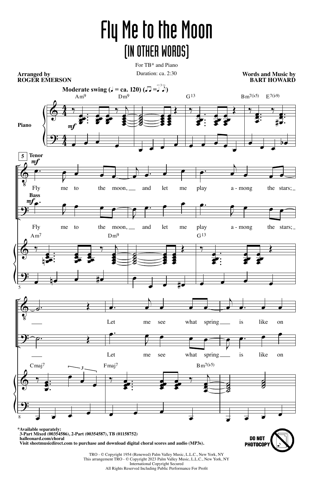 Download Tony Bennett Fly Me To The Moon (In Other Words) (arr. Roger Emerson) Sheet Music and learn how to play TB Choir PDF digital score in minutes
