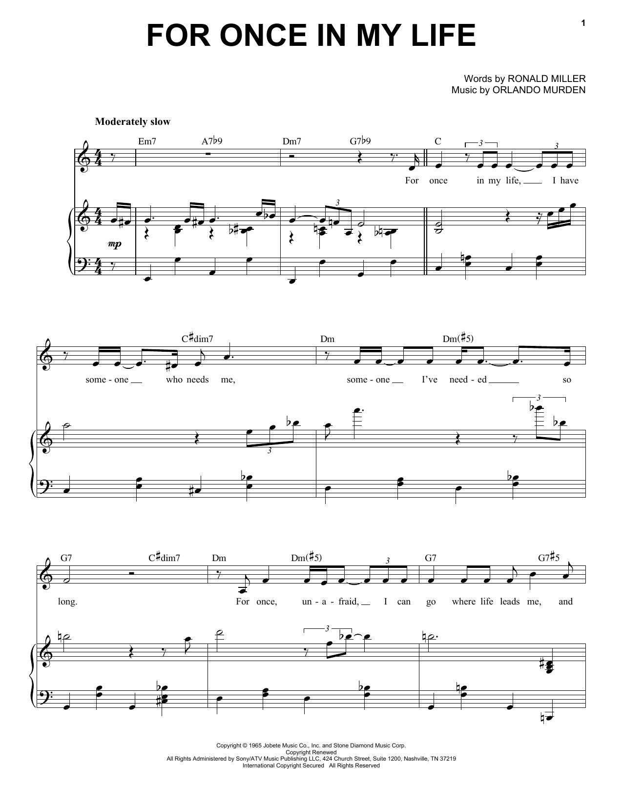 Download Tony Bennett For Once In My Life Sheet Music and learn how to play Piano, Vocal & Guitar Chords (Right-Hand Melody) PDF digital score in minutes