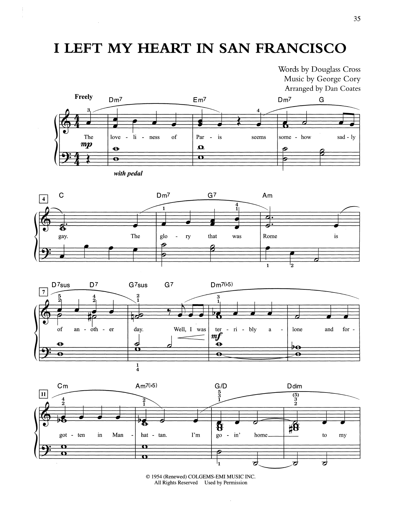 Download Tony Bennett I Left My Heart In San Francisco (arr. Dan Coates) Sheet Music and learn how to play Easy Piano PDF digital score in minutes