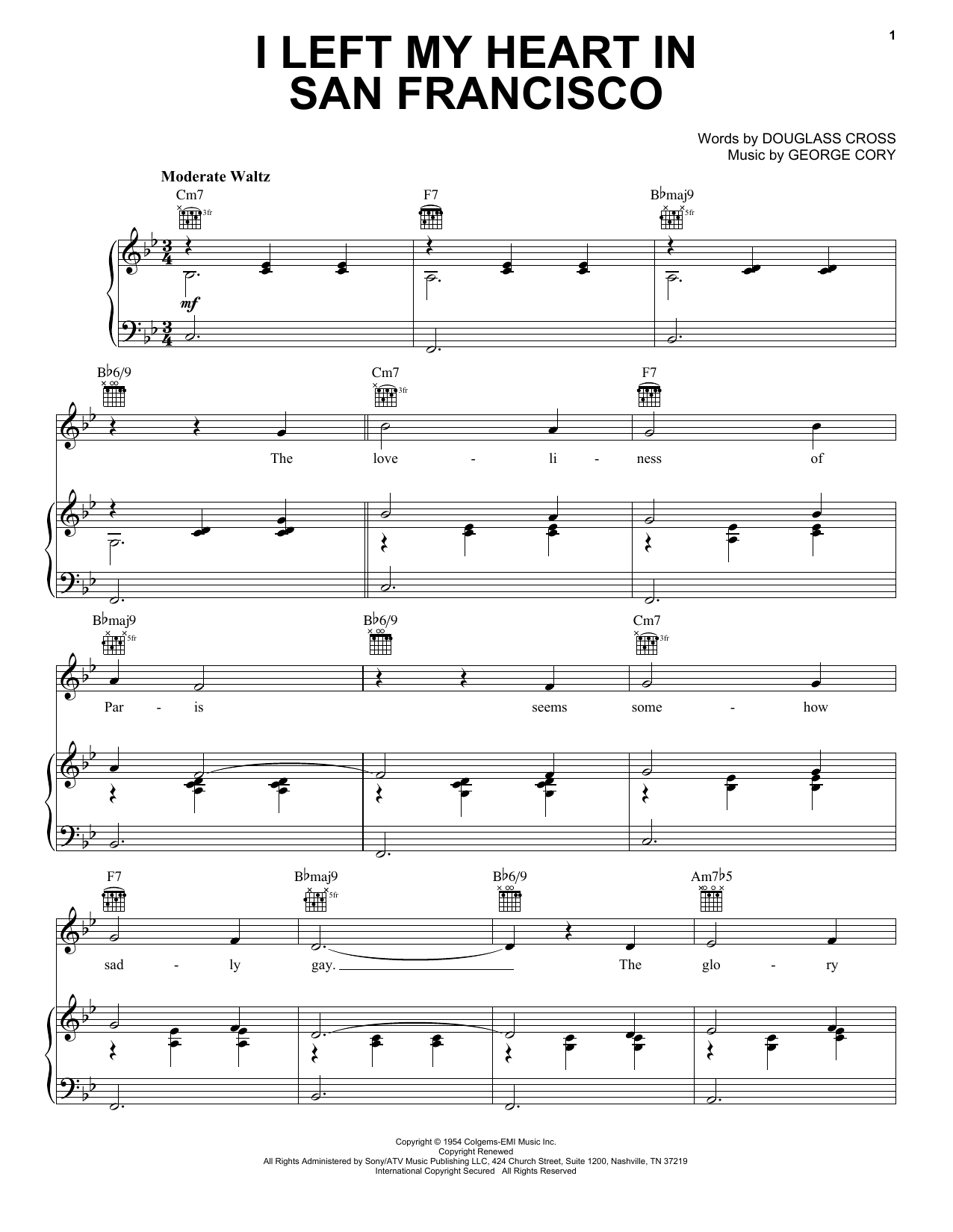 Download Tony Bennett I Left My Heart In San Francisco Sheet Music and learn how to play Piano, Vocal & Guitar (Right-Hand Melody) PDF digital score in minutes