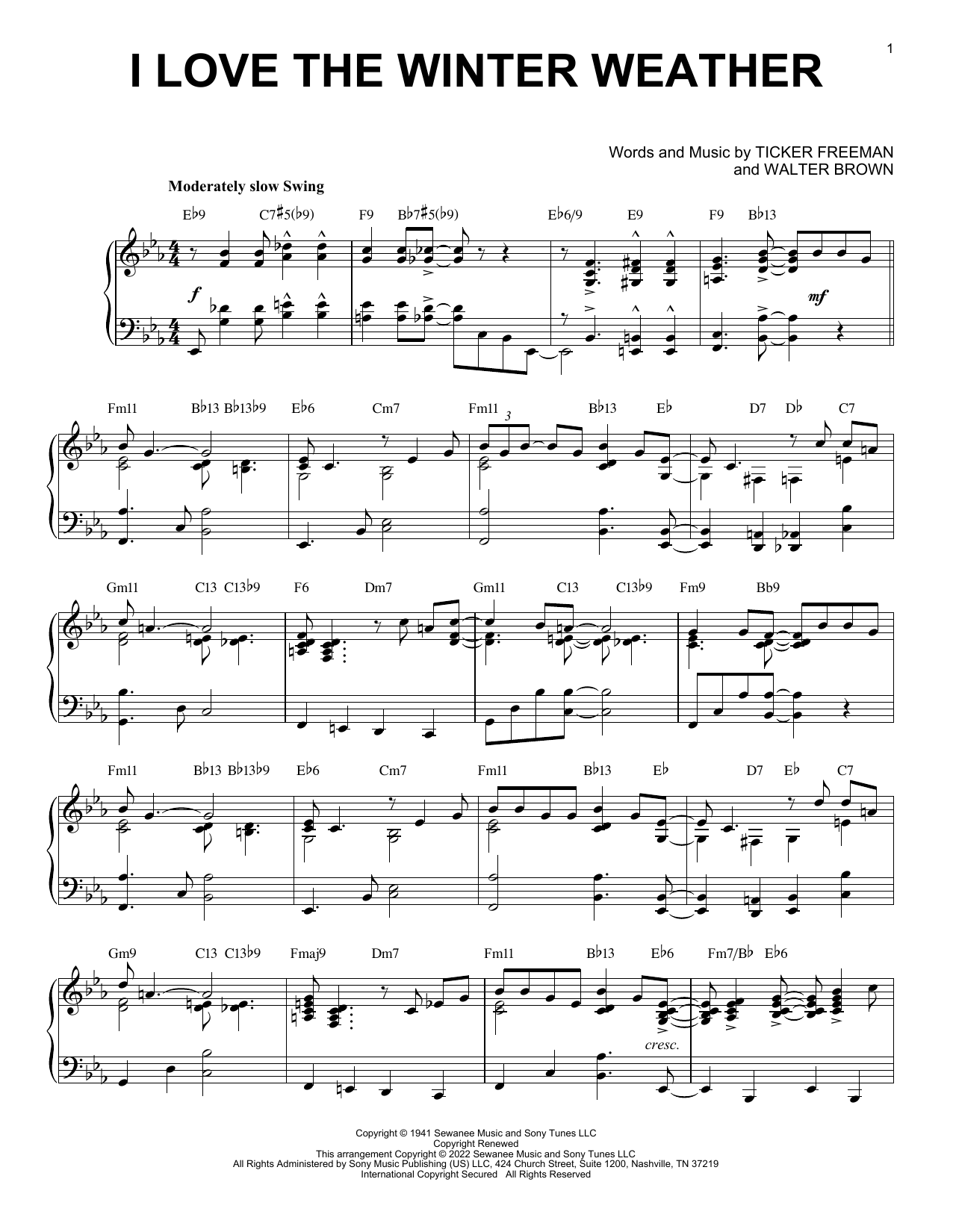 Download Tony Bennett I Love The Winter Weather (arr. Brent Edstrom) Sheet Music and learn how to play Piano Solo PDF digital score in minutes