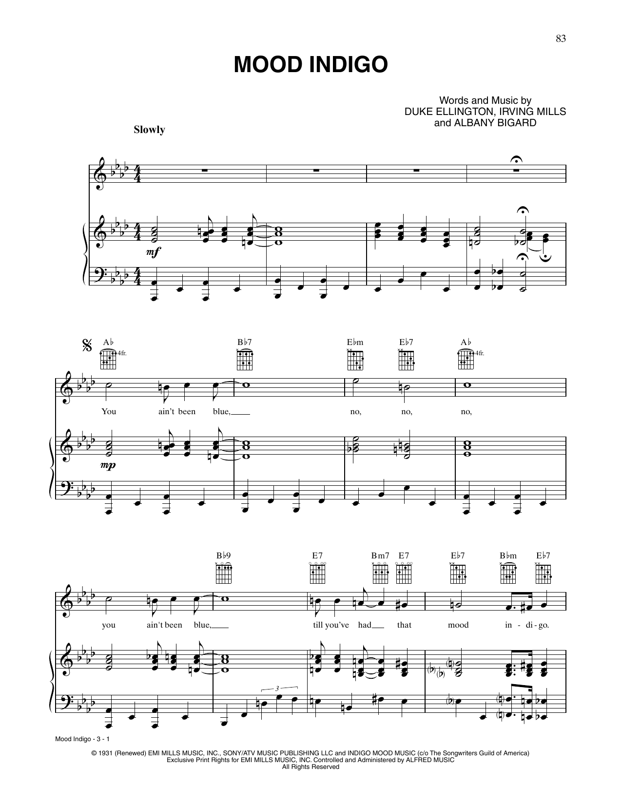 Download Tony Bennett Mood Indigo Sheet Music and learn how to play Piano, Vocal & Guitar Chords (Right-Hand Melody) PDF digital score in minutes
