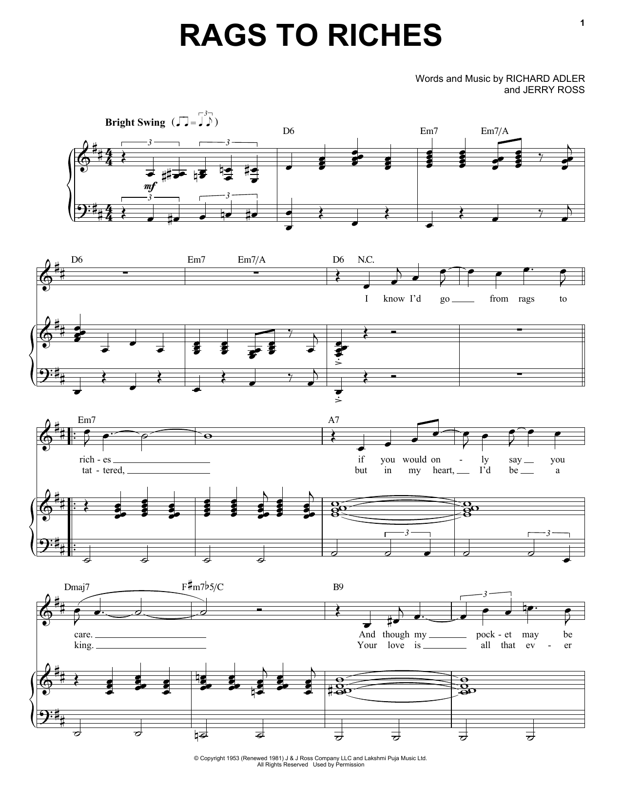 Download Tony Bennett Rags To Riches Sheet Music and learn how to play Piano, Vocal & Guitar Chords (Right-Hand Melody) PDF digital score in minutes