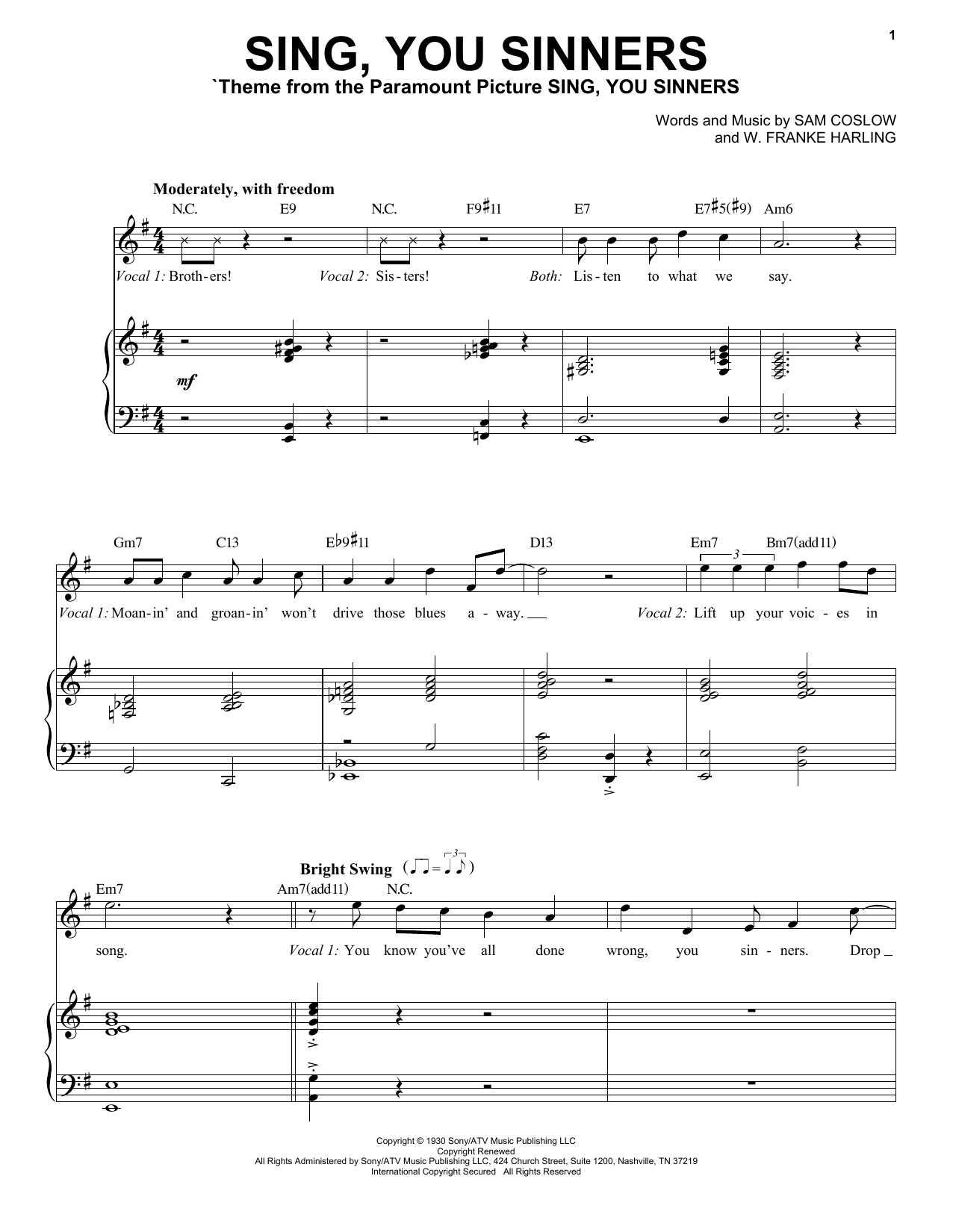 Download Tony Bennett Sing, You Sinners Sheet Music and learn how to play Piano & Vocal PDF digital score in minutes