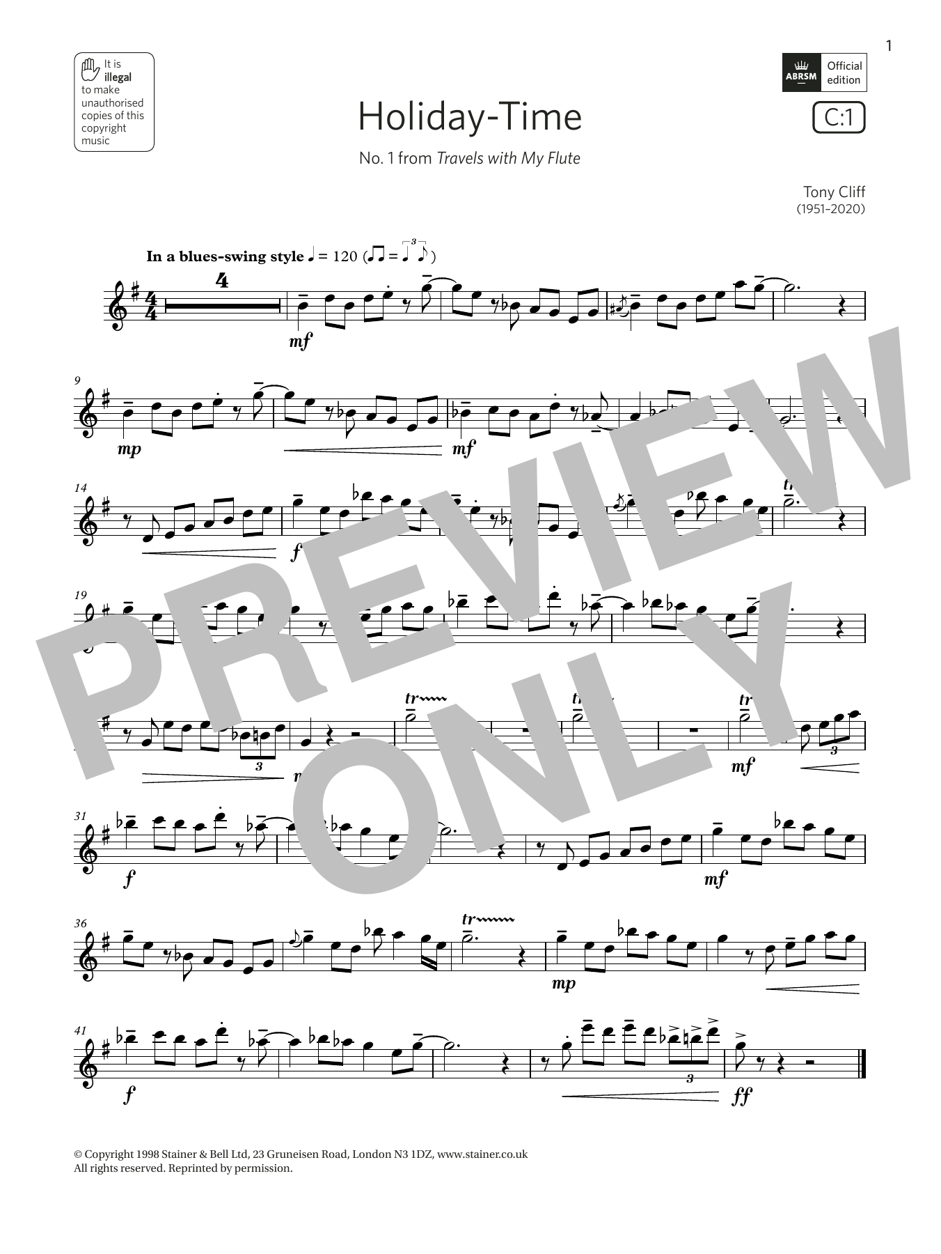 Download Tony Cliff Holiday-Time (from Travels with My Flute) (Grade 4 List C1 from the ABRSM Flute Sheet Music and learn how to play Flute Solo PDF digital score in minutes