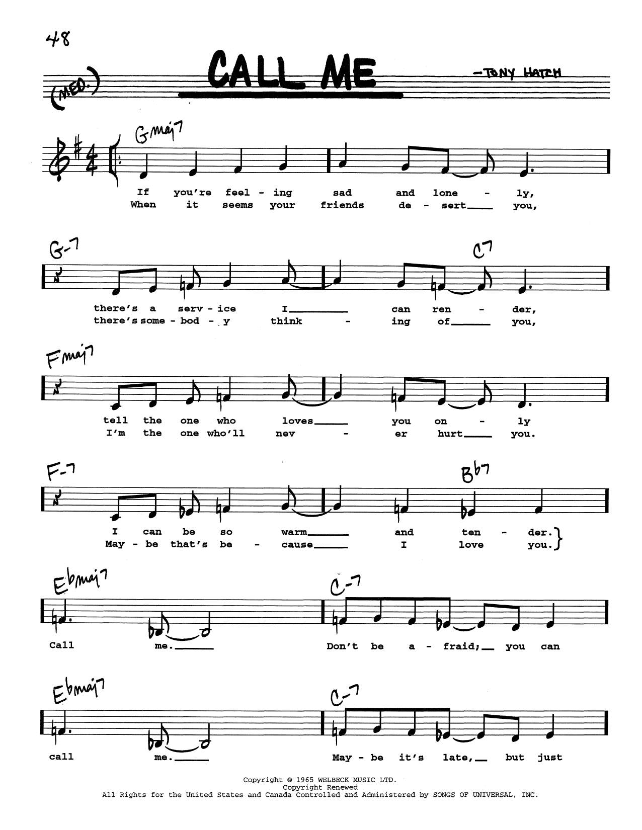 Download Tony Hatch Call Me (Low Voice) Sheet Music and learn how to play Real Book – Melody, Lyrics & Chords PDF digital score in minutes