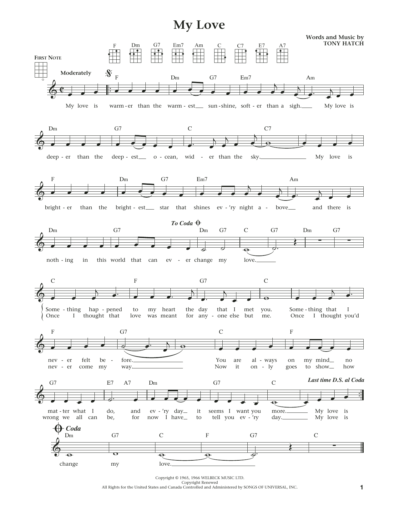 Download Tony Hatch My Love Sheet Music and learn how to play Ukulele PDF digital score in minutes
