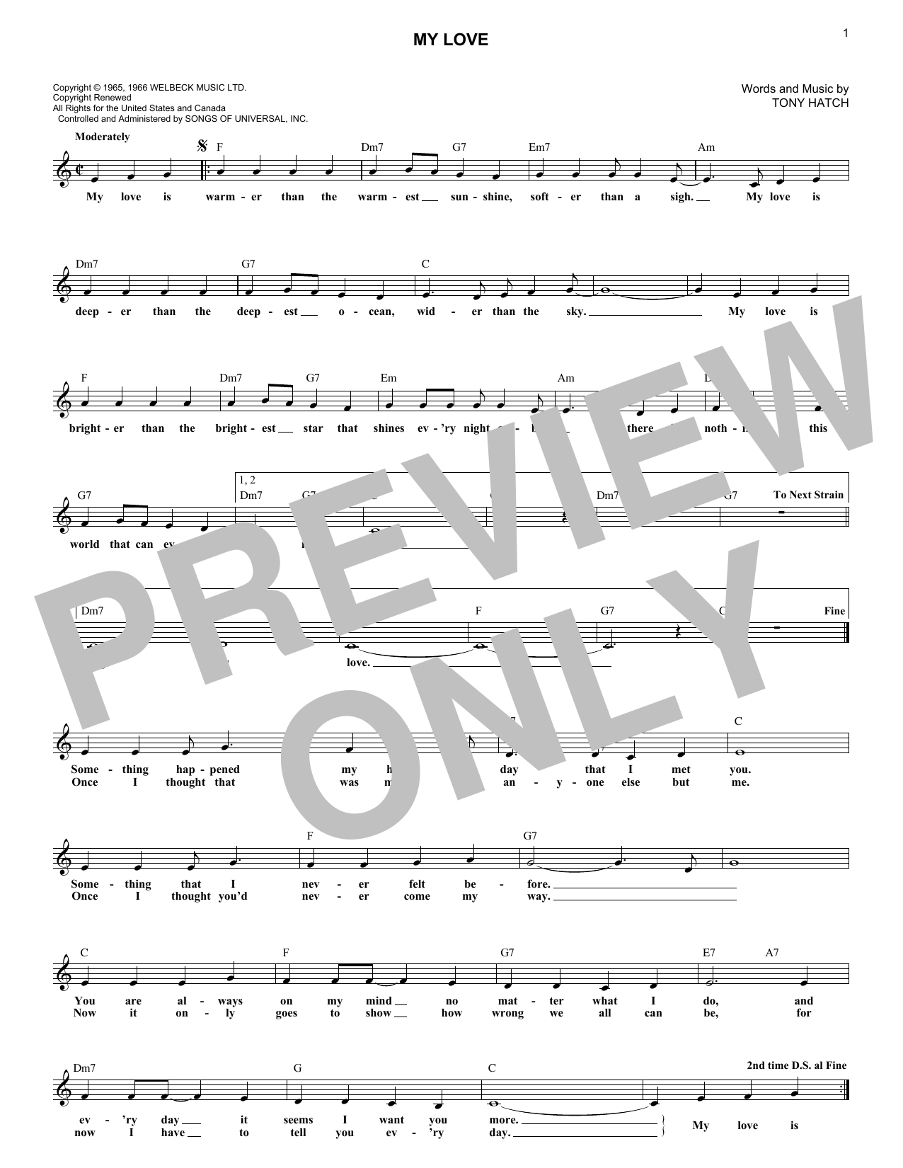 Download Tony Hatch My Love Sheet Music and learn how to play Lead Sheet / Fake Book PDF digital score in minutes