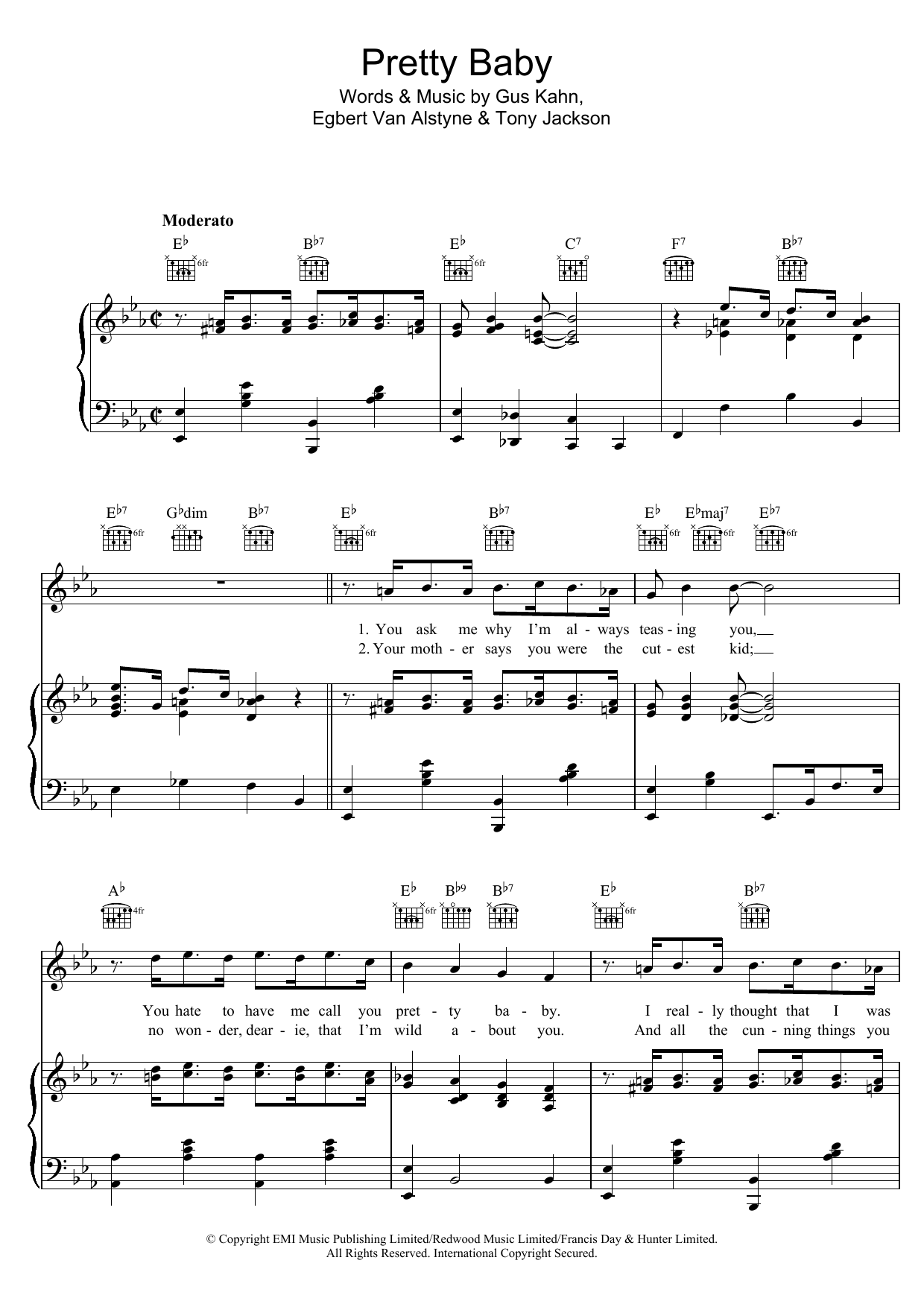Download Tony Jackson Pretty Baby Sheet Music and learn how to play Piano, Vocal & Guitar Chords (Right-Hand Melody) PDF digital score in minutes