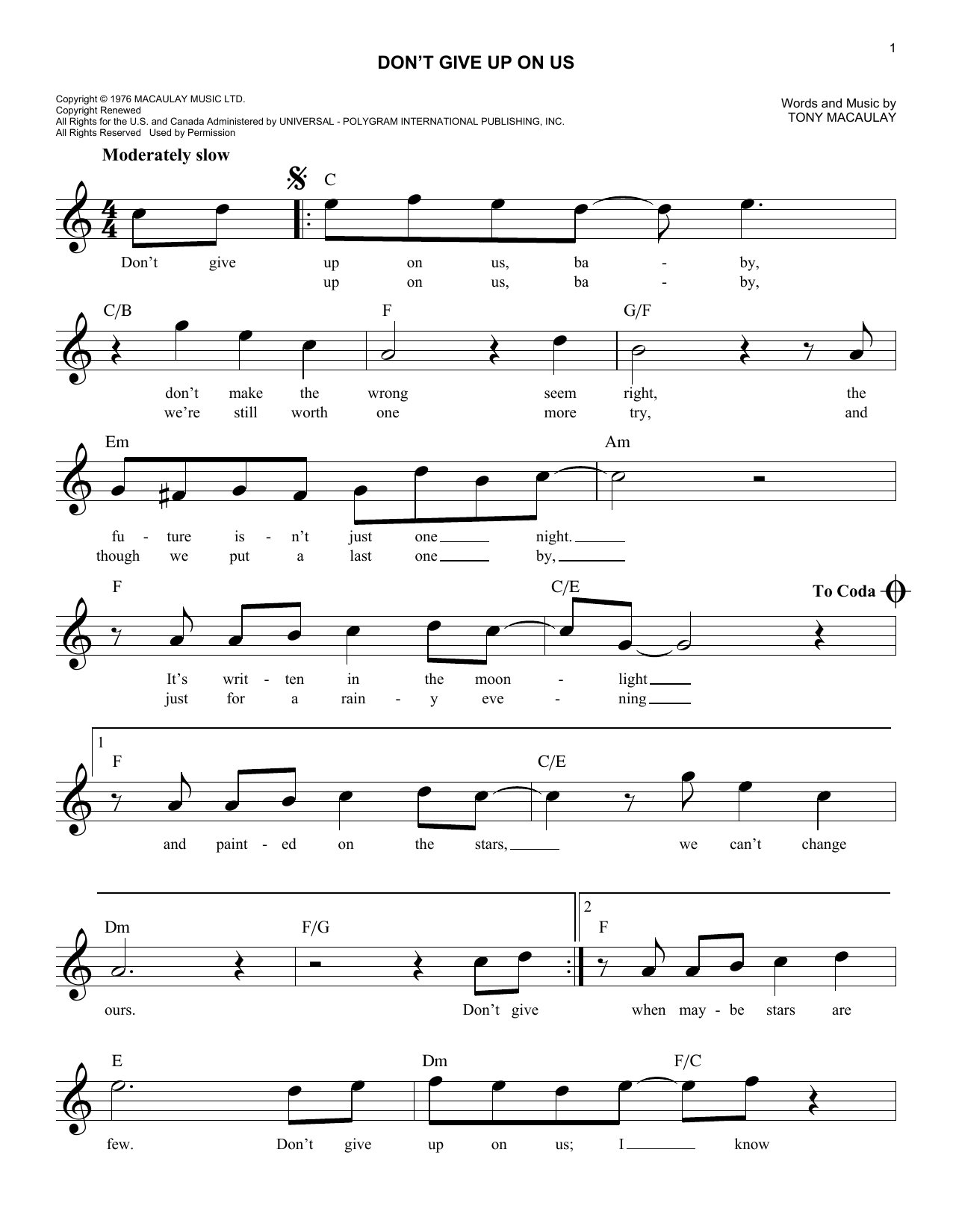 Download Tony Macauley Don't Give Up On Us Sheet Music and learn how to play Melody Line, Lyrics & Chords PDF digital score in minutes