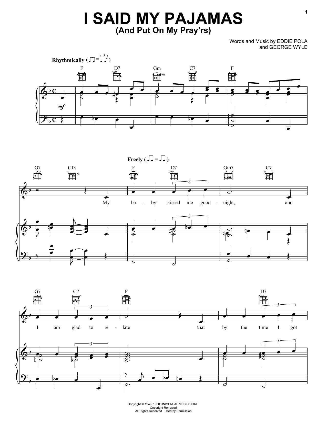 Download Tony Martin I Said My Pajamas (And Put On My Pray'rs) Sheet Music and learn how to play Piano, Vocal & Guitar (Right-Hand Melody) PDF digital score in minutes