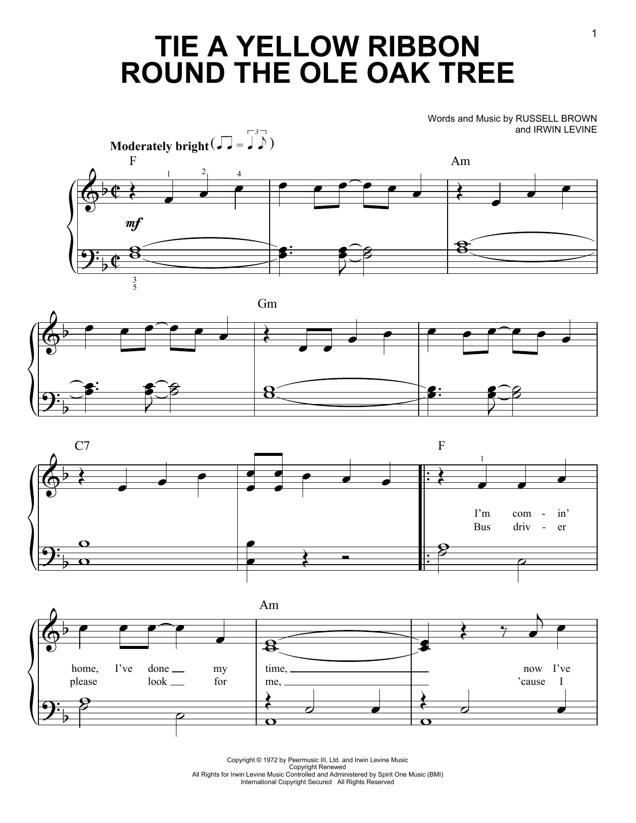 Download Tony Orlando and Dawn Tie A Yellow Ribbon Round The Ole Oak Tree Sheet Music and learn how to play Easy Piano PDF digital score in minutes