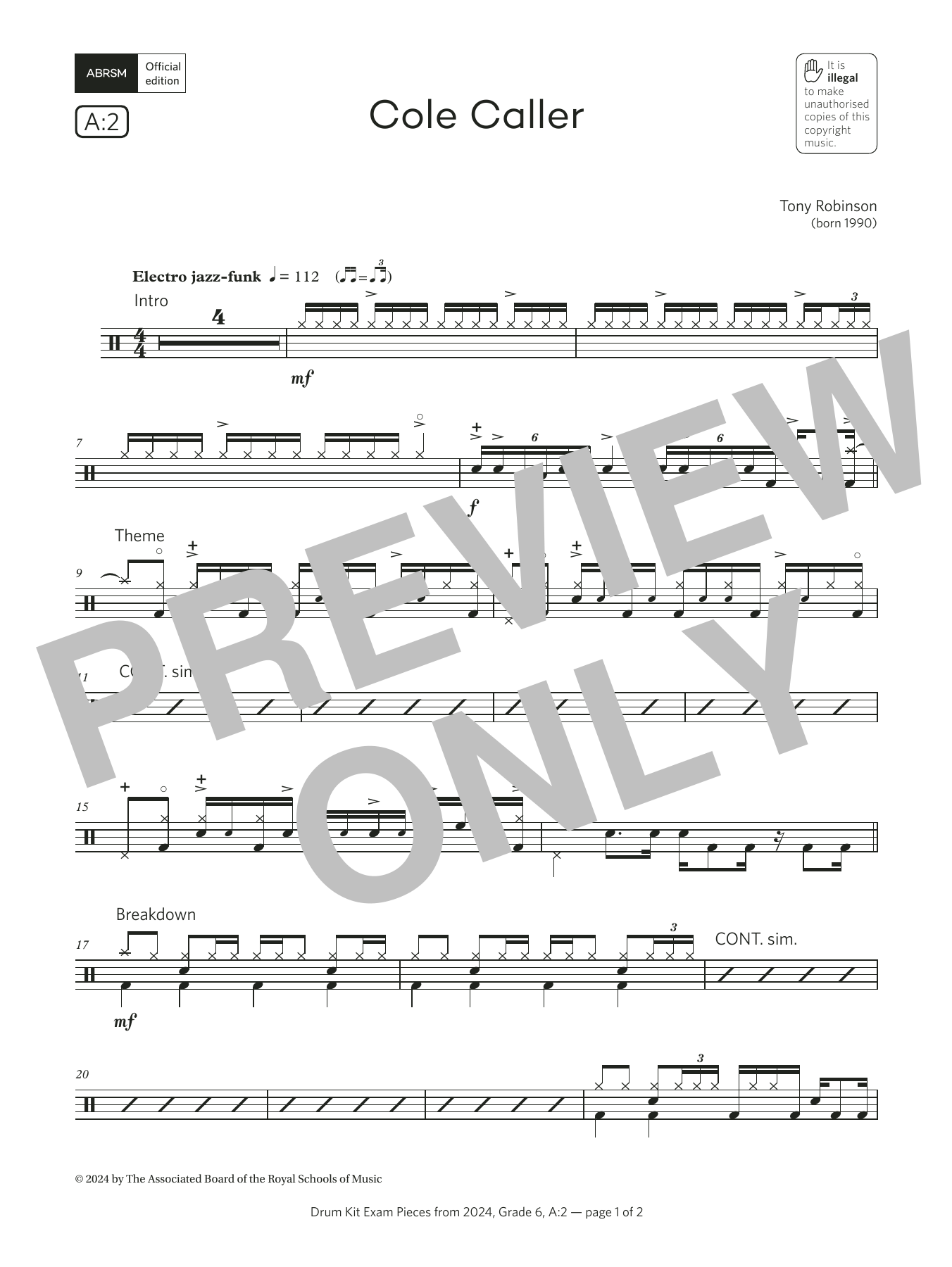 Download Tony Robinson Cole Caller (Grade 6, list A2, from the ABRSM Drum Kit Syllabus 2024) Sheet Music and learn how to play Drums PDF digital score in minutes