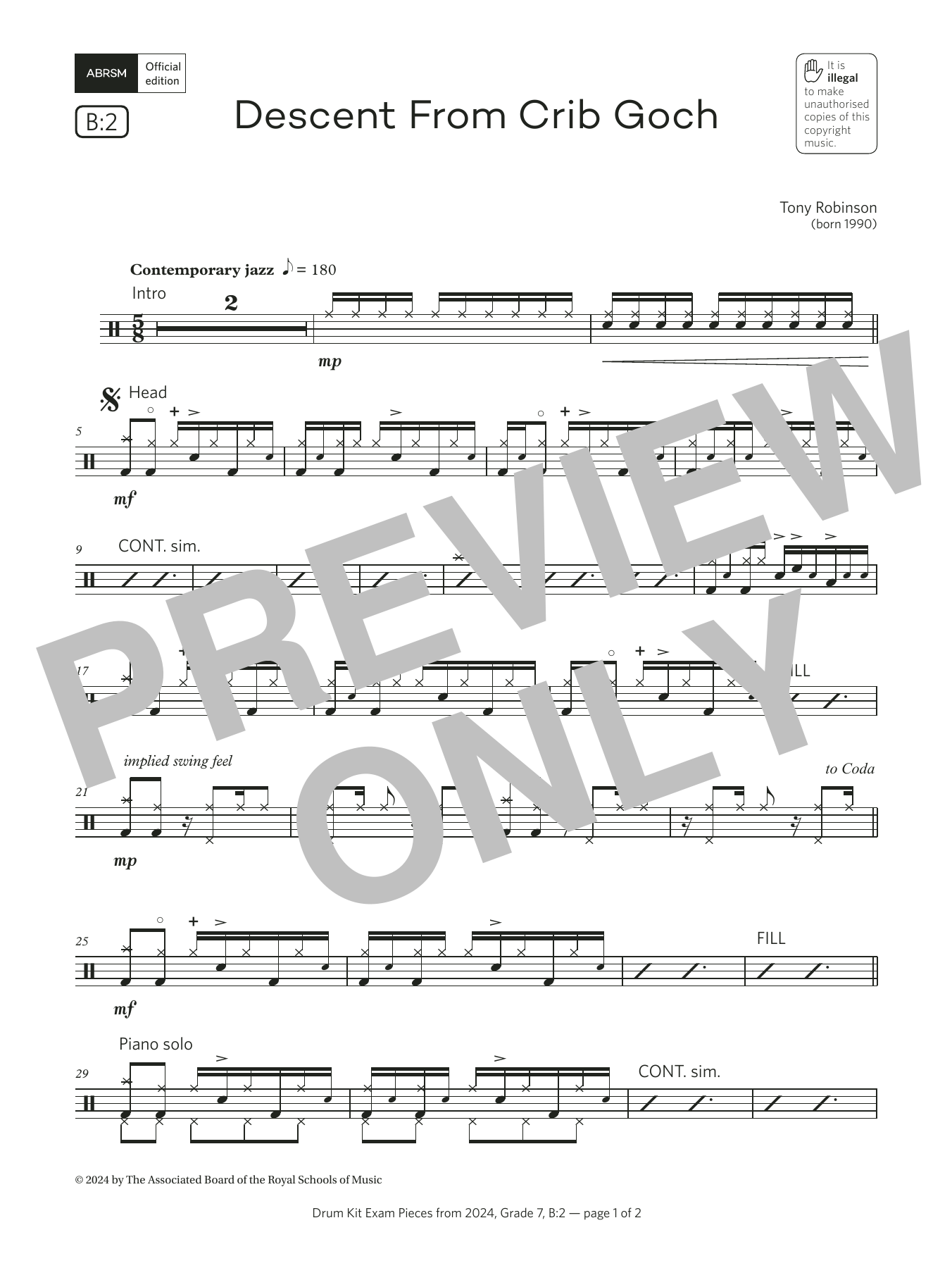 Download Tony Robinson Descent From Crib Goch (Grade 7, list B2, from the ABRSM Drum Kit Syllabus 2024) Sheet Music and learn how to play Drums PDF digital score in minutes