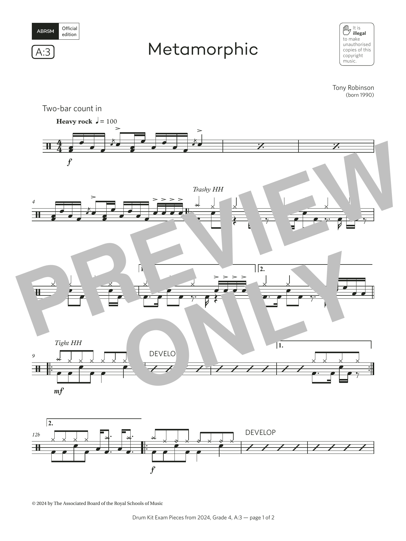 Download Tony Robinson Metamorphic (Grade 4, list A3, from the ABRSM Drum Kit Syllabus 2024) Sheet Music and learn how to play Drums PDF digital score in minutes