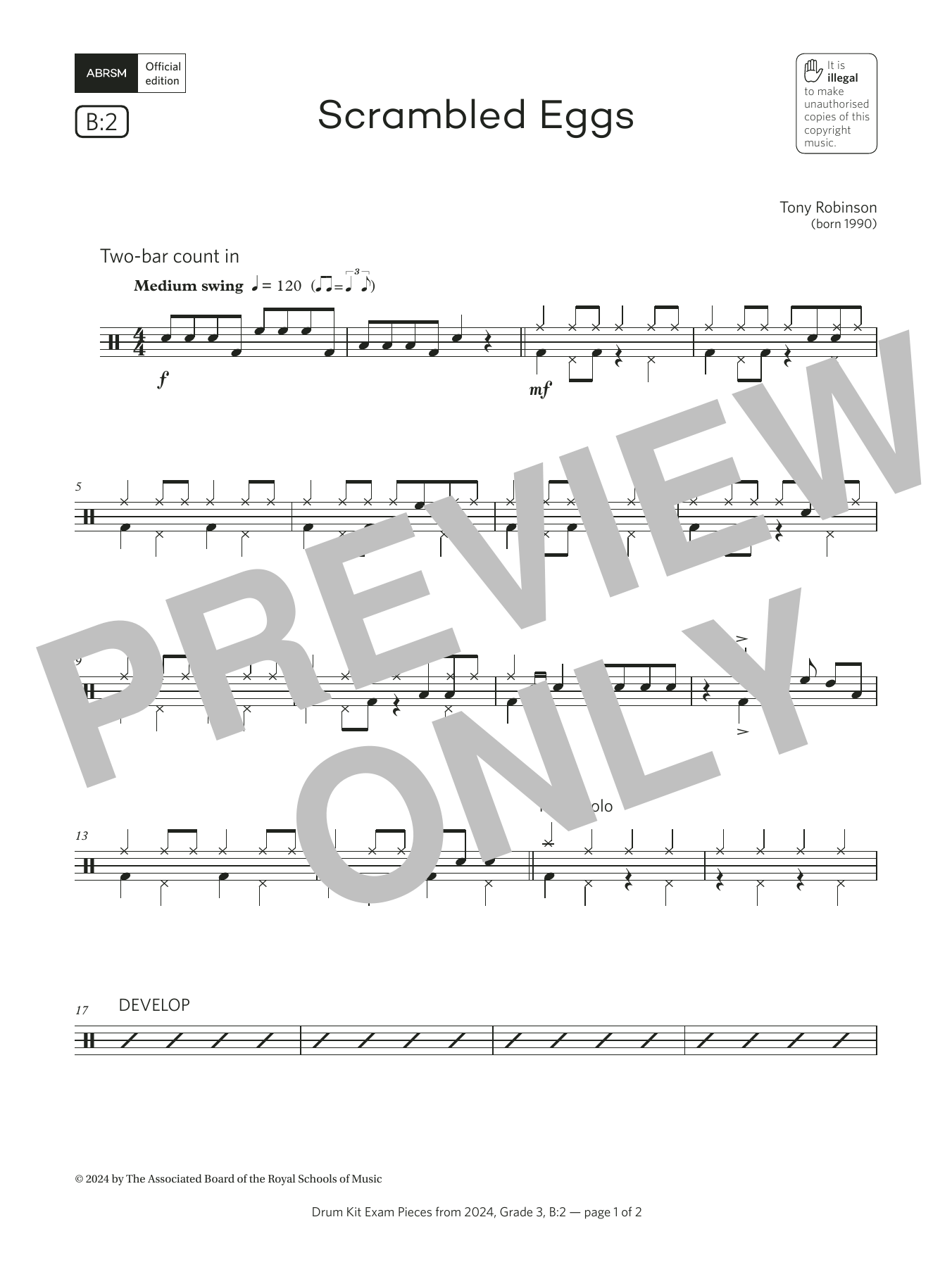 Download Tony Robinson Scrambled Eggs (Grade 3, list B2, from the ABRSM Drum Kit Syllabus 2024) Sheet Music and learn how to play Drums PDF digital score in minutes