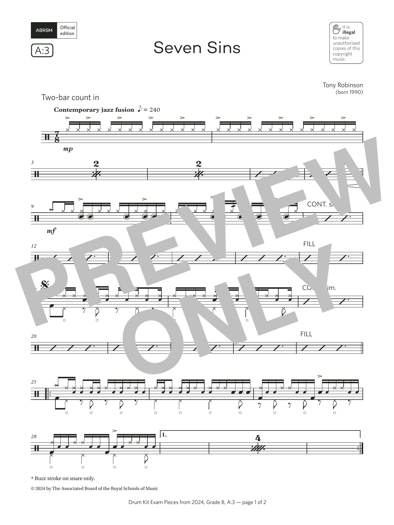 Download Tony Robinson Seven Sins (Grade 8, list A3, from the ABRSM Drum Kit Syllabus 2024) Sheet Music and learn how to play Drums PDF digital score in minutes