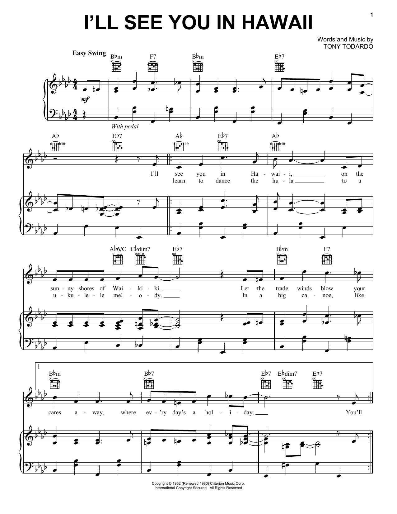 Download Tony Todaro I'll See You In Hawaii Sheet Music and learn how to play Piano, Vocal & Guitar (Right-Hand Melody) PDF digital score in minutes