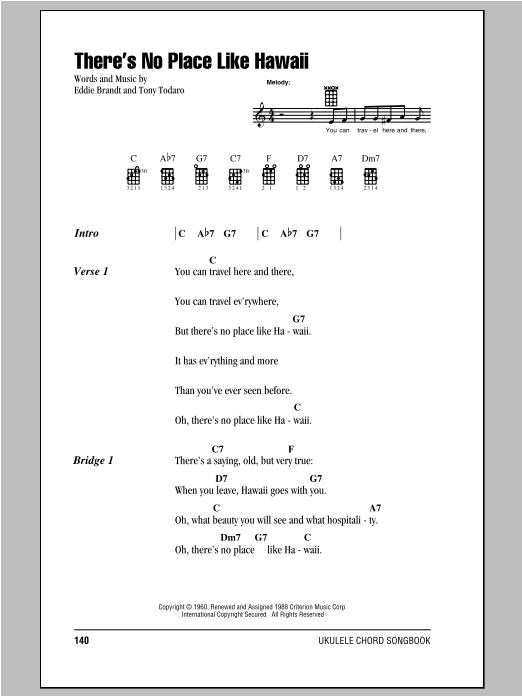 Download Tony Todaro There's No Place Like Hawaii Sheet Music and learn how to play Ukulele with strumming patterns PDF digital score in minutes