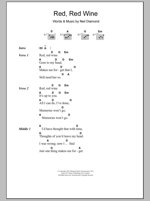 Download Tony Tribe Red, Red Wine Sheet Music and learn how to play Lyrics & Chords PDF digital score in minutes