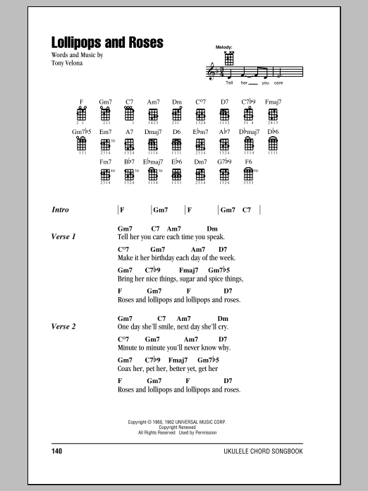 Download Tony Velona Lollipops And Roses Sheet Music and learn how to play Ukulele with strumming patterns PDF digital score in minutes