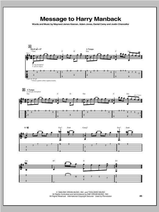 Download Tool Message To Harry Manback Sheet Music and learn how to play Guitar Tab PDF digital score in minutes