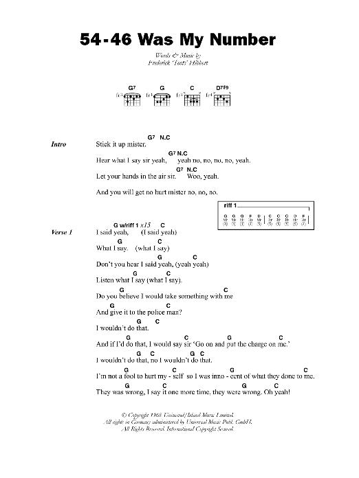 Download Toots & The Maytals 54-46 Was My Number Sheet Music and learn how to play Lyrics & Chords PDF digital score in minutes