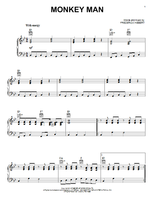 Download Toots & The Maytals Monkey Man Sheet Music and learn how to play Piano, Vocal & Guitar (Right-Hand Melody) PDF digital score in minutes
