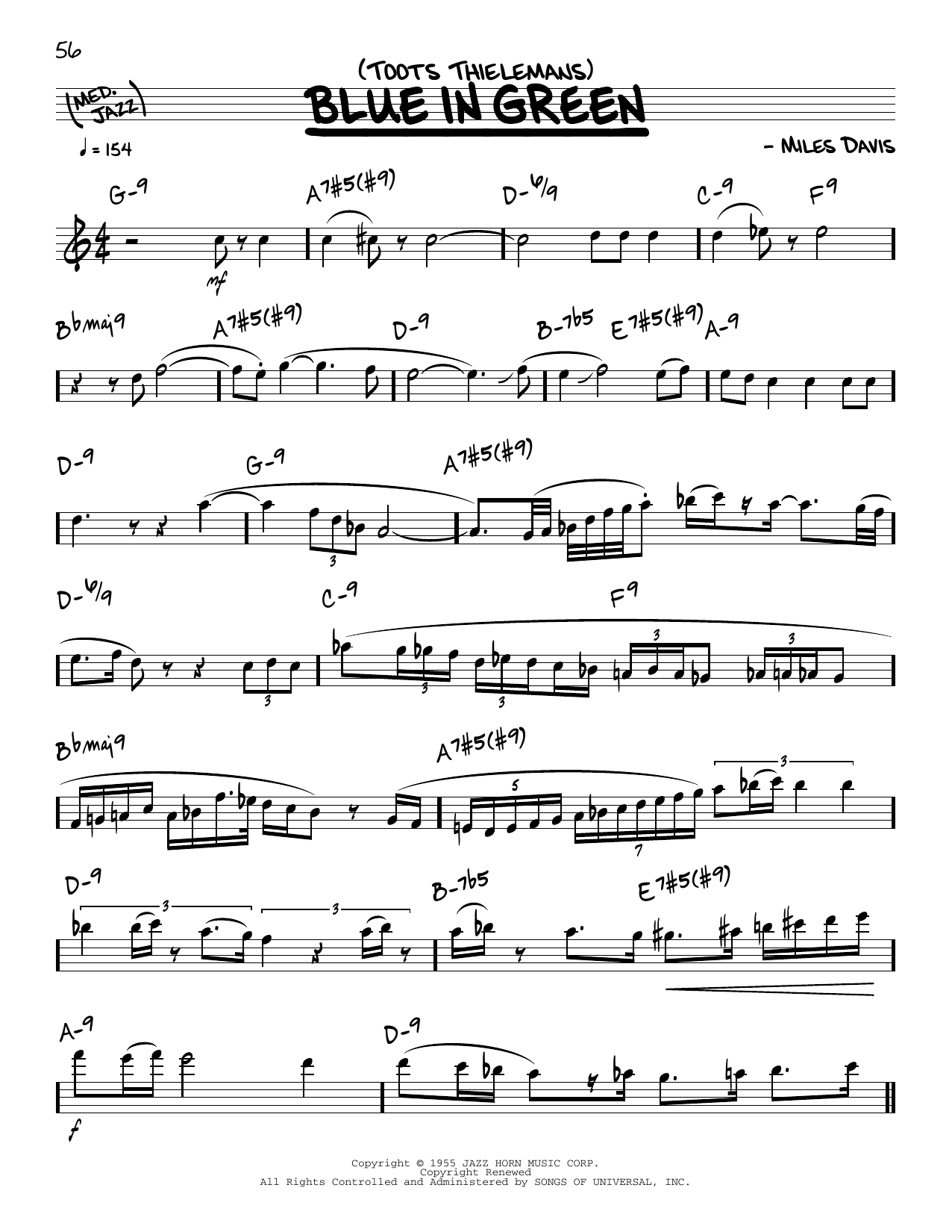 Download Toots Thielemans Blue In Green (solo only) Sheet Music and learn how to play Real Book – Melody & Chords PDF digital score in minutes
