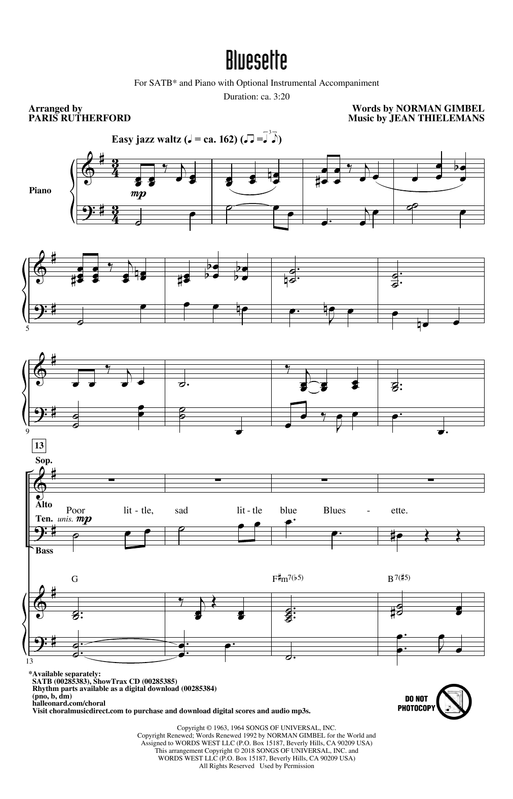 Download Toots Thielmans Bluesette (arr. Paris Rutherford) Sheet Music and learn how to play SATB Choir PDF digital score in minutes