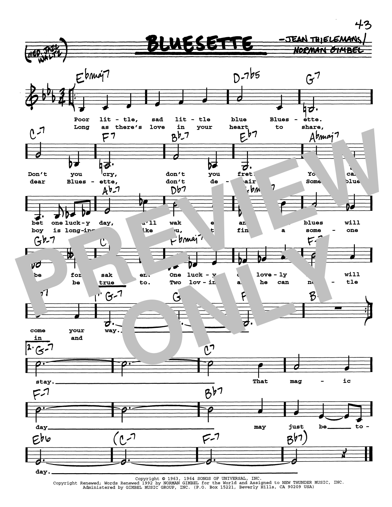 Download Toots Thielemans Bluesette (Low Voice) Sheet Music and learn how to play Real Book – Melody, Lyrics & Chords PDF digital score in minutes