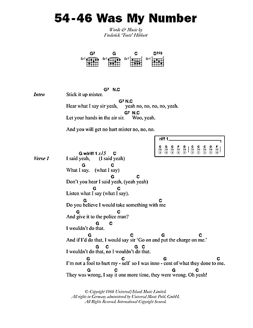Download Toots & The Maytals 54-46 Was My Number Sheet Music and learn how to play Lyrics & Chords PDF digital score in minutes