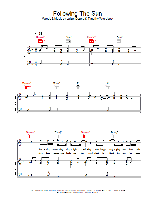 Download Toploader Following The Sun Sheet Music and learn how to play Piano, Vocal & Guitar PDF digital score in minutes