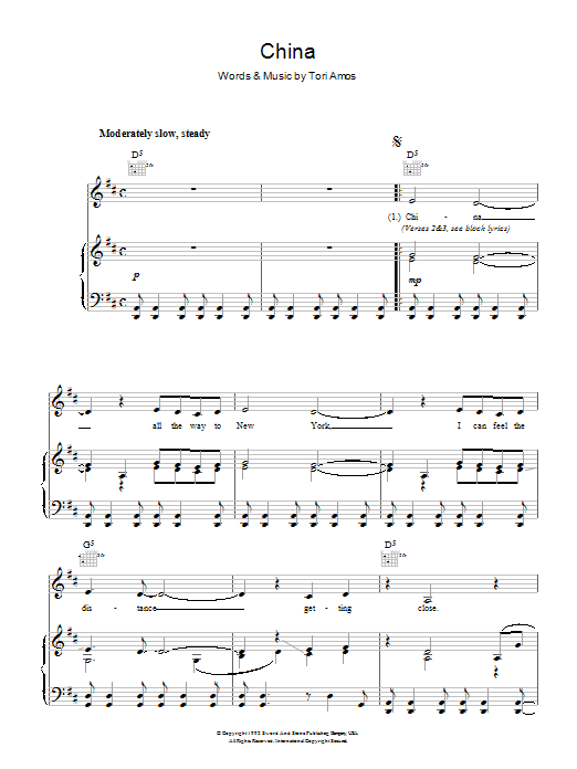 Download Tori Amos China Sheet Music and learn how to play Piano, Vocal & Guitar (Right-Hand Melody) PDF digital score in minutes