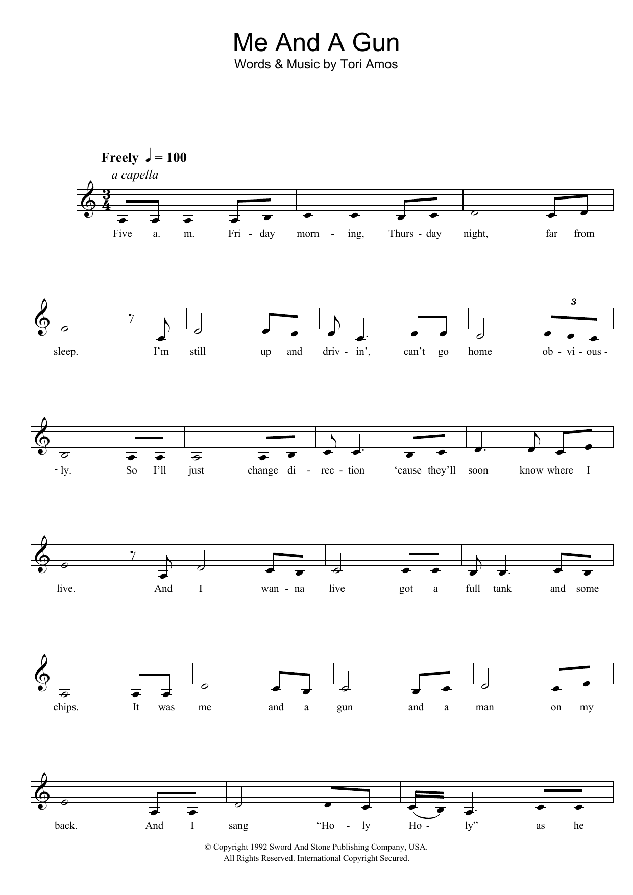 Download Tori Amos Me And A Gun Sheet Music and learn how to play Melody Line, Lyrics & Chords PDF digital score in minutes