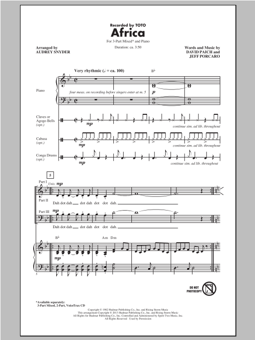 Download Toto Africa (arr. Audrey Snyder) Sheet Music and learn how to play 2-Part Choir PDF digital score in minutes