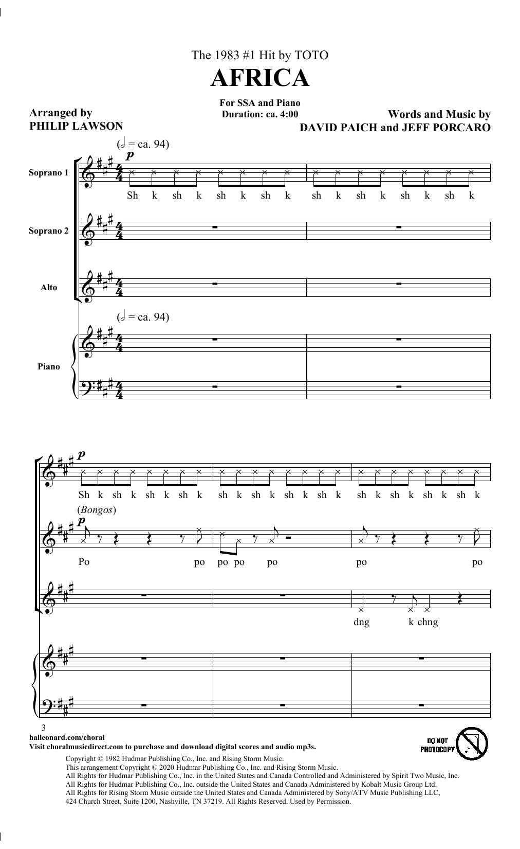 Download Toto Africa (arr. Philip Lawson) Sheet Music and learn how to play SSA Choir PDF digital score in minutes