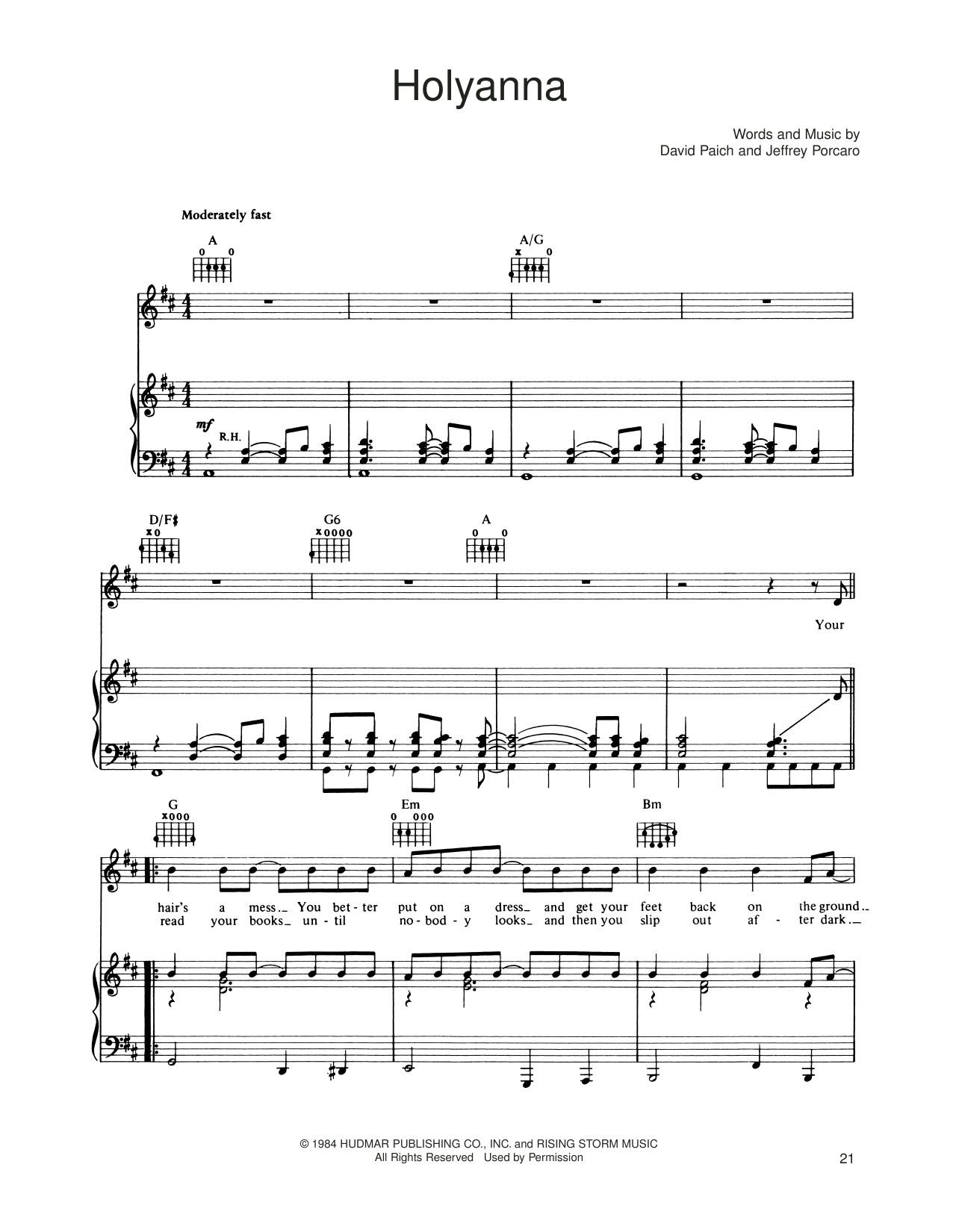 Download Toto Holyanna Sheet Music and learn how to play Piano, Vocal & Guitar Chords (Right-Hand Melody) PDF digital score in minutes