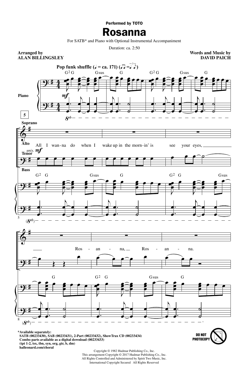 Download Alan Billingsley Rosanna Sheet Music and learn how to play SATB PDF digital score in minutes