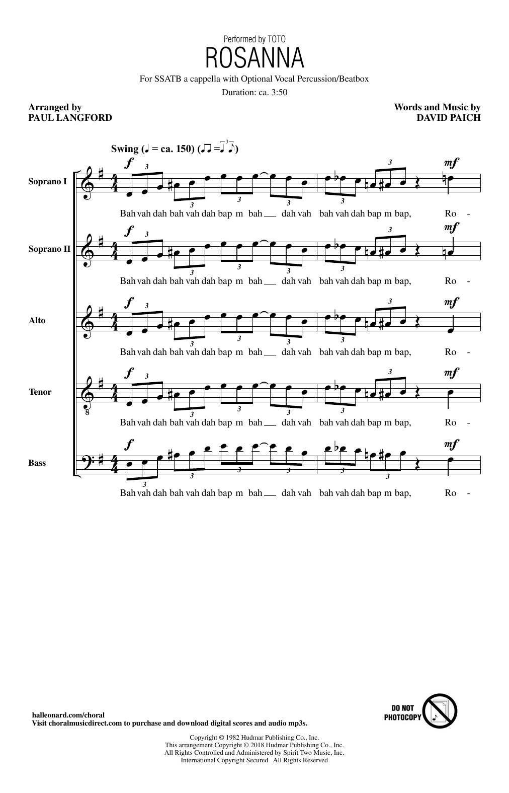 Download Paul Langford Rosanna Sheet Music and learn how to play SATB PDF digital score in minutes