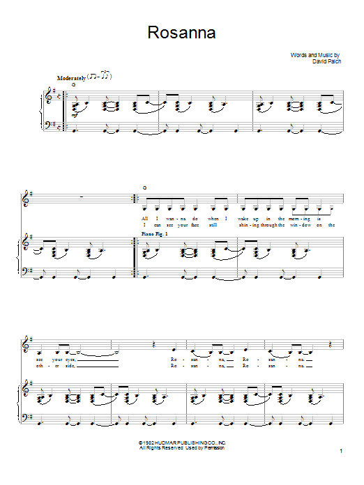 Download Toto Rosanna Sheet Music and learn how to play Piano, Vocal & Guitar (Right-Hand Melody) PDF digital score in minutes