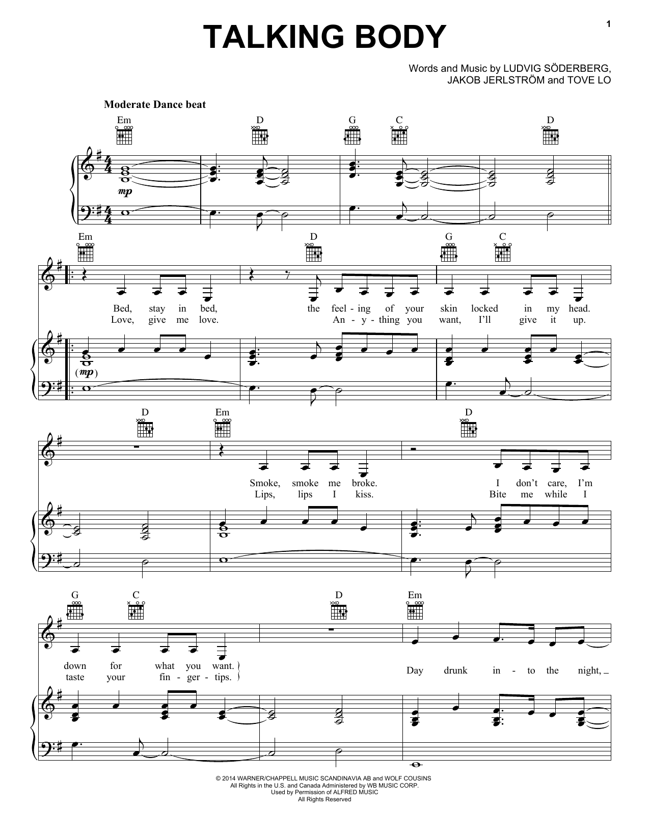 Download Tove Lo Talking Body Sheet Music and learn how to play Piano, Vocal & Guitar (Right-Hand Melody) PDF digital score in minutes