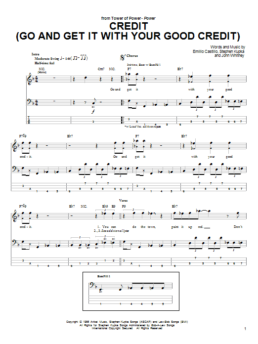 Download Tower Of Power Credit (Go And Get It With Your Good Credit) Sheet Music and learn how to play Bass Guitar Tab PDF digital score in minutes