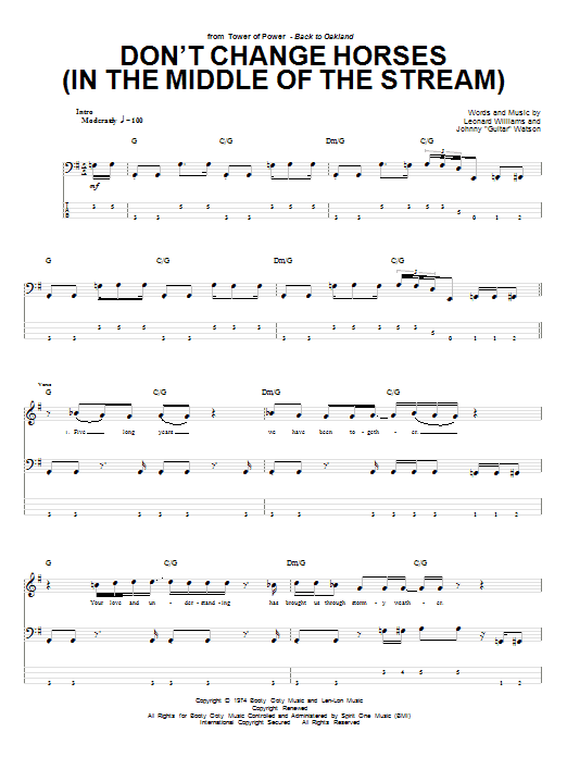 Download Tower Of Power Don't Change Horses (In The Middle Of The Stream) Sheet Music and learn how to play Bass Guitar Tab PDF digital score in minutes