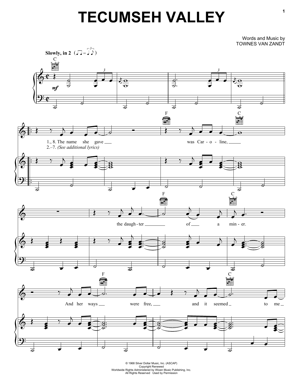 Download Townes Van Zandt Tecumseh Valley Sheet Music and learn how to play Piano, Vocal & Guitar Chords (Right-Hand Melody) PDF digital score in minutes