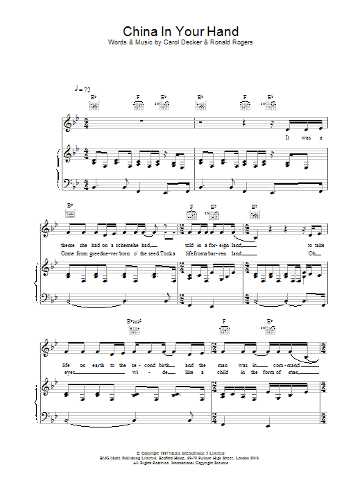 Download T'Pau China In Your Hand Sheet Music and learn how to play Melody Line, Lyrics & Chords PDF digital score in minutes