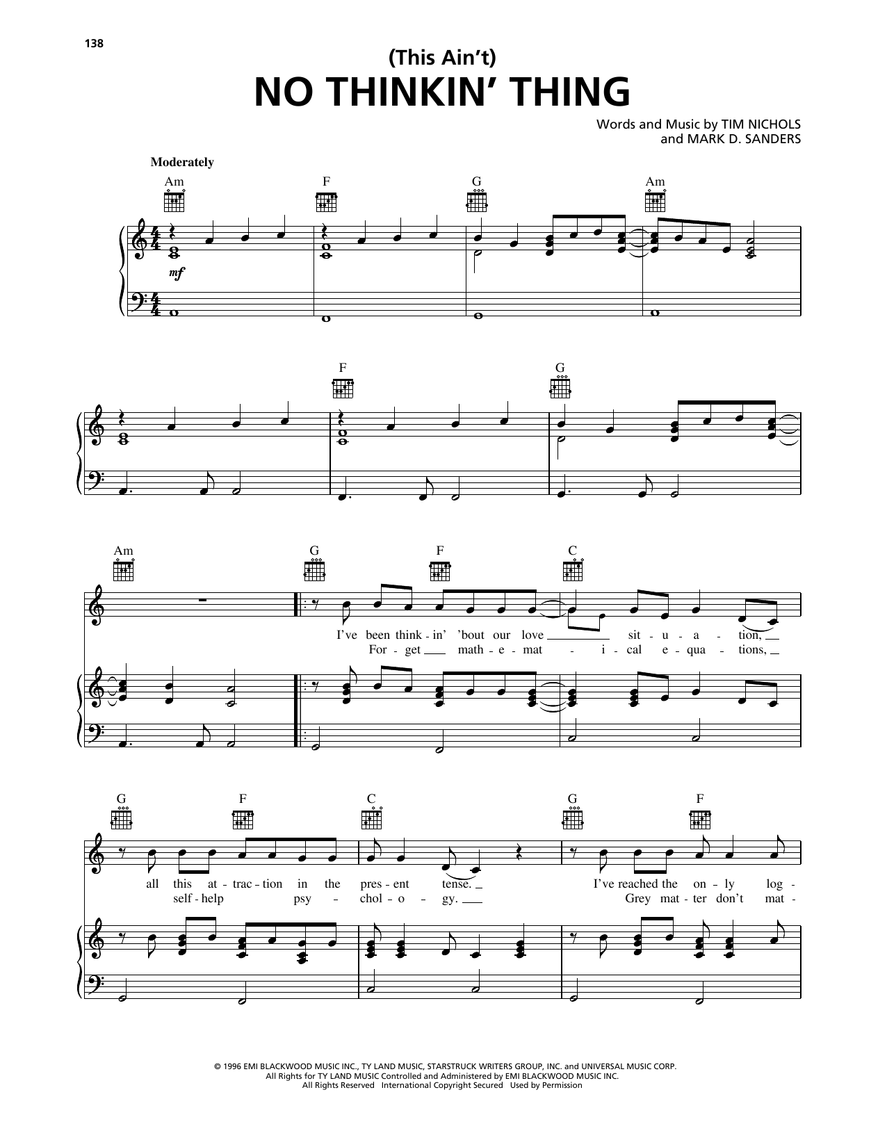 Download Trace Adkins (This Ain't) No Thinkin' Thing Sheet Music and learn how to play Piano, Vocal & Guitar Chords (Right-Hand Melody) PDF digital score in minutes