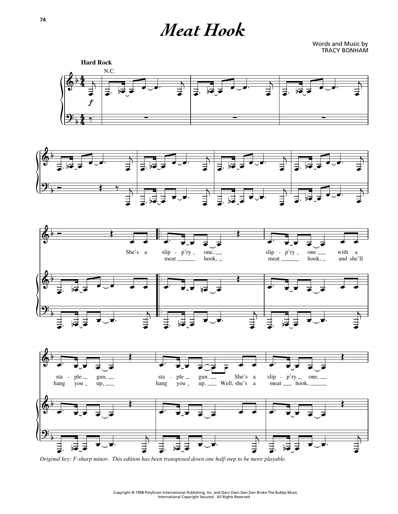 Download Tracy Bonham Meat Hook Sheet Music and learn how to play Piano, Vocal & Guitar Chords (Right-Hand Melody) PDF digital score in minutes