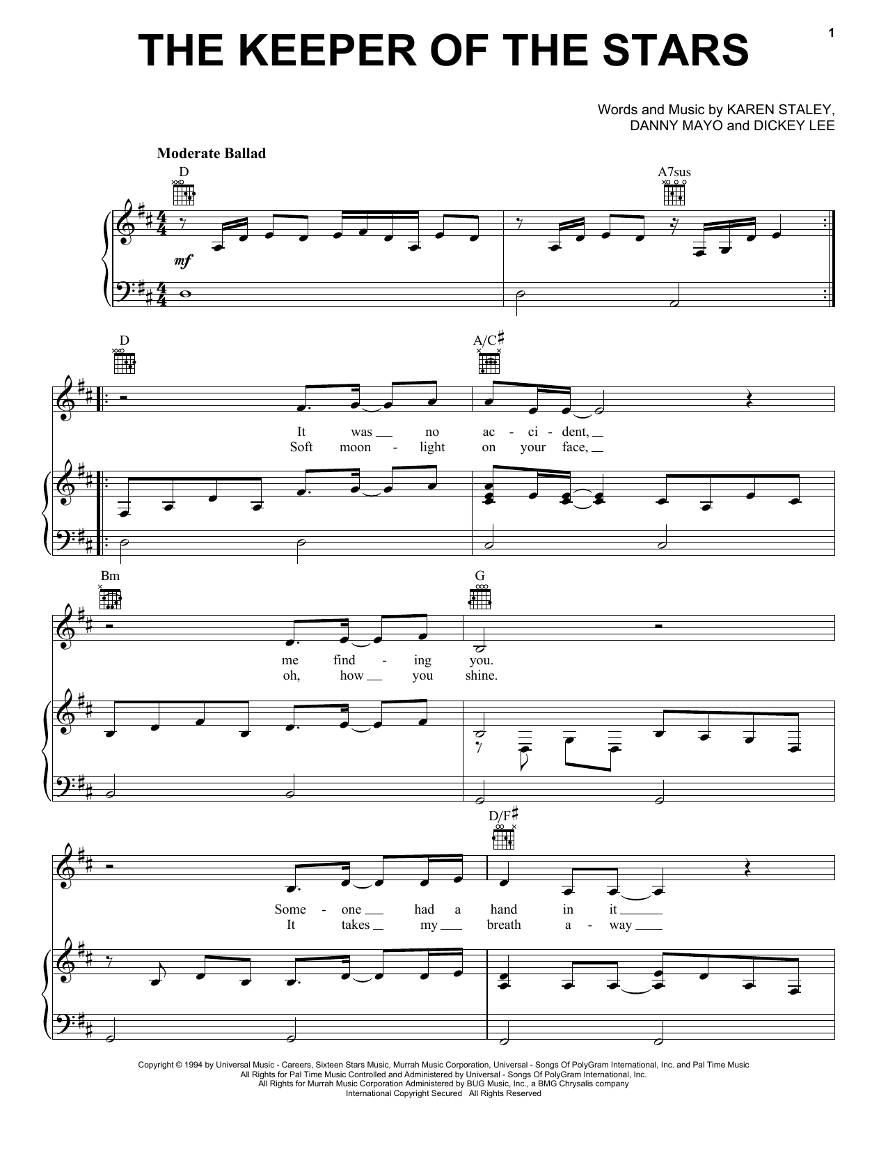Download Tracy Byrd The Keeper Of The Stars Sheet Music and learn how to play Piano, Vocal & Guitar (Right-Hand Melody) PDF digital score in minutes