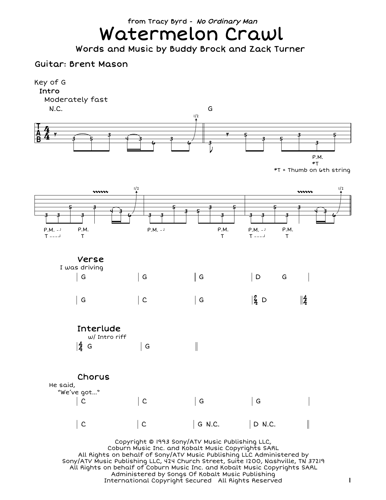 Download Tracy Byrd Watermelon Crawl Sheet Music and learn how to play Guitar Tab PDF digital score in minutes